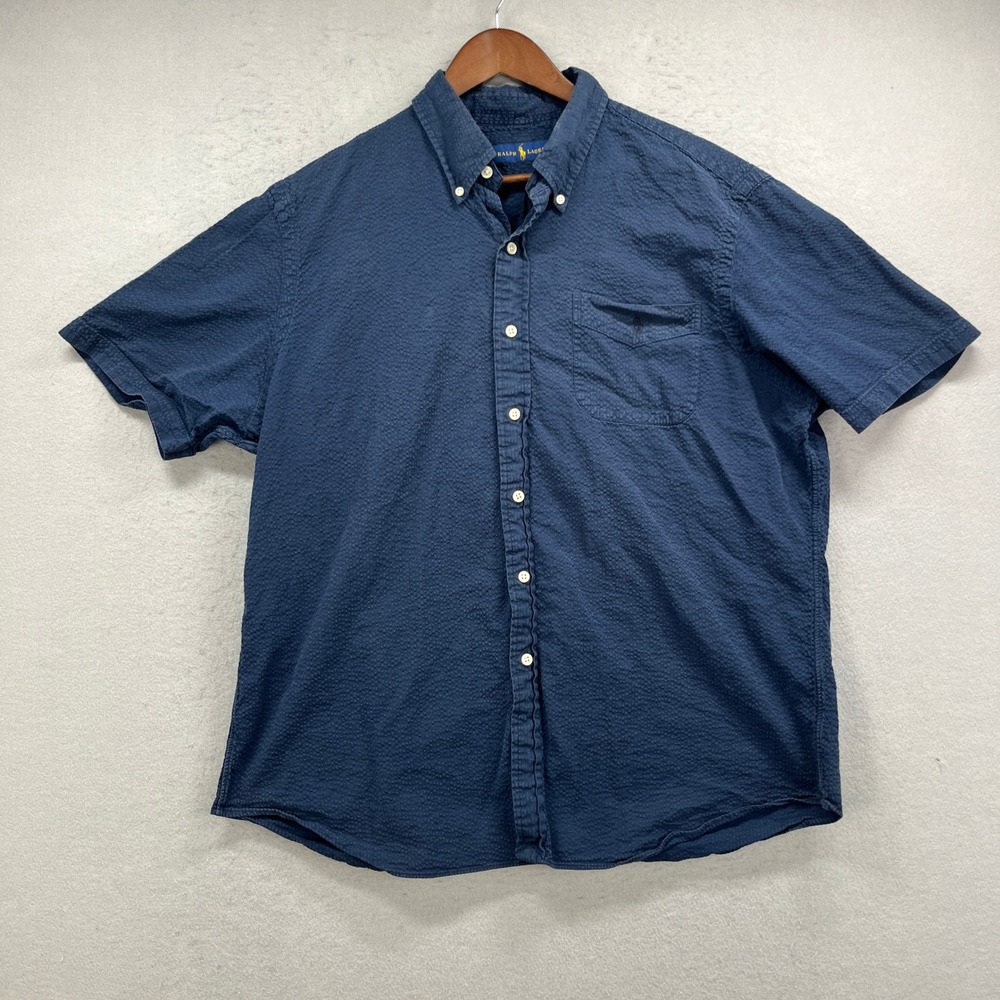 Ralph Lauren Shirt Men XL Blue Seersucker Short Sleeve Button Down Casual Preppy